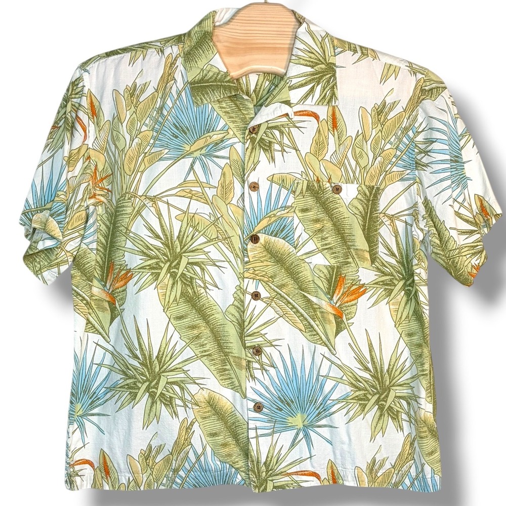 Joe Marlin Hawaiian Shirt XL White Tropical Floral Palm Leaf Bird of‎ Paradise